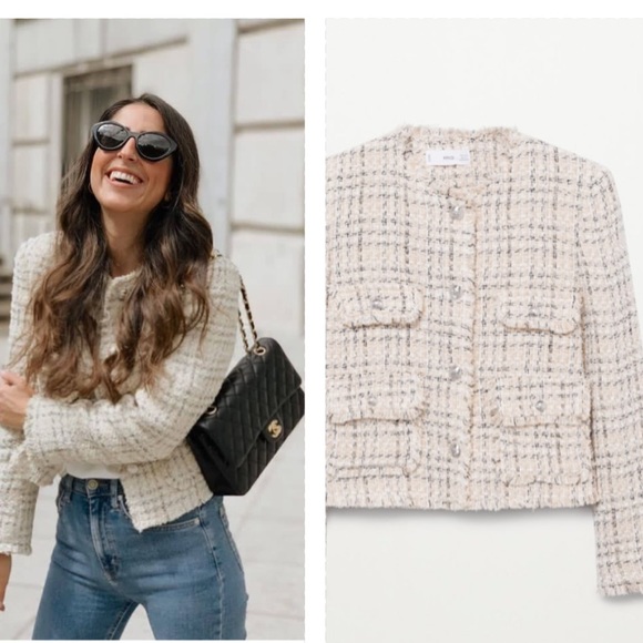 Mango Jackets & Blazers - MANGO cream tweed collarless flap pockets jacket blogger zara competitor brand
